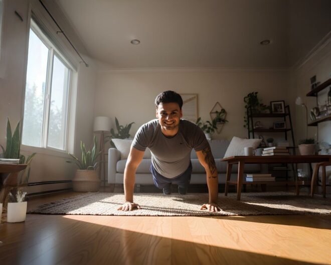 Man håller en rak plankposition på en matta under ett burpee-pass